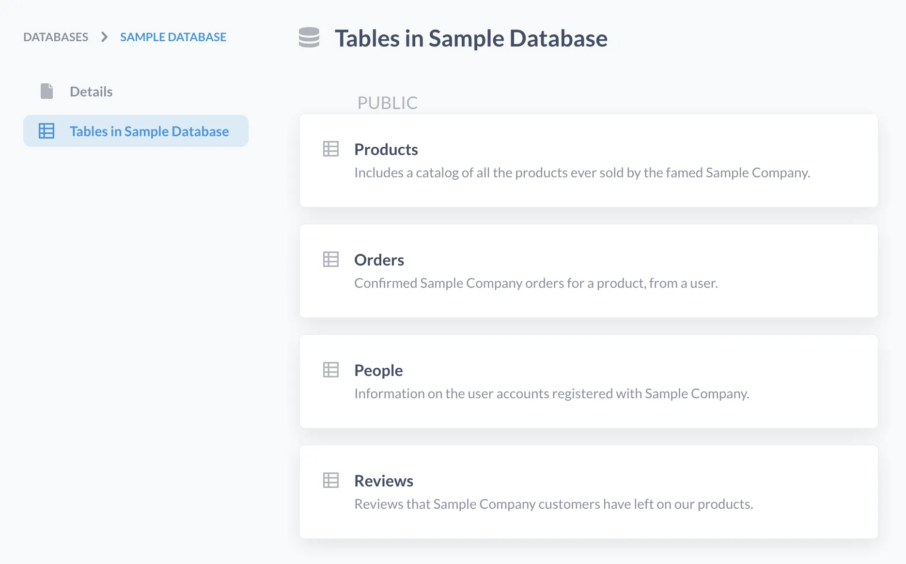 Fig. 1. Metabase's Sample Database (a relational database) contains four tables: Products, Orders, People, and Reviews.