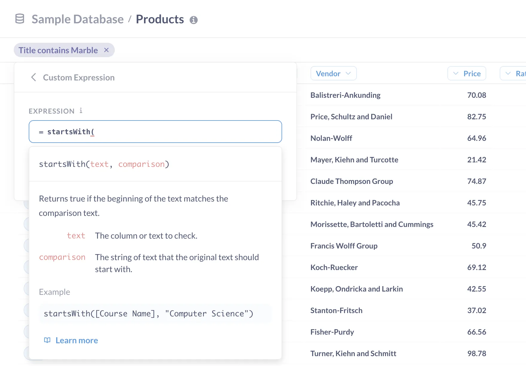 The Custom Expression sidebar is open and an expression beginning with contains() is visible.