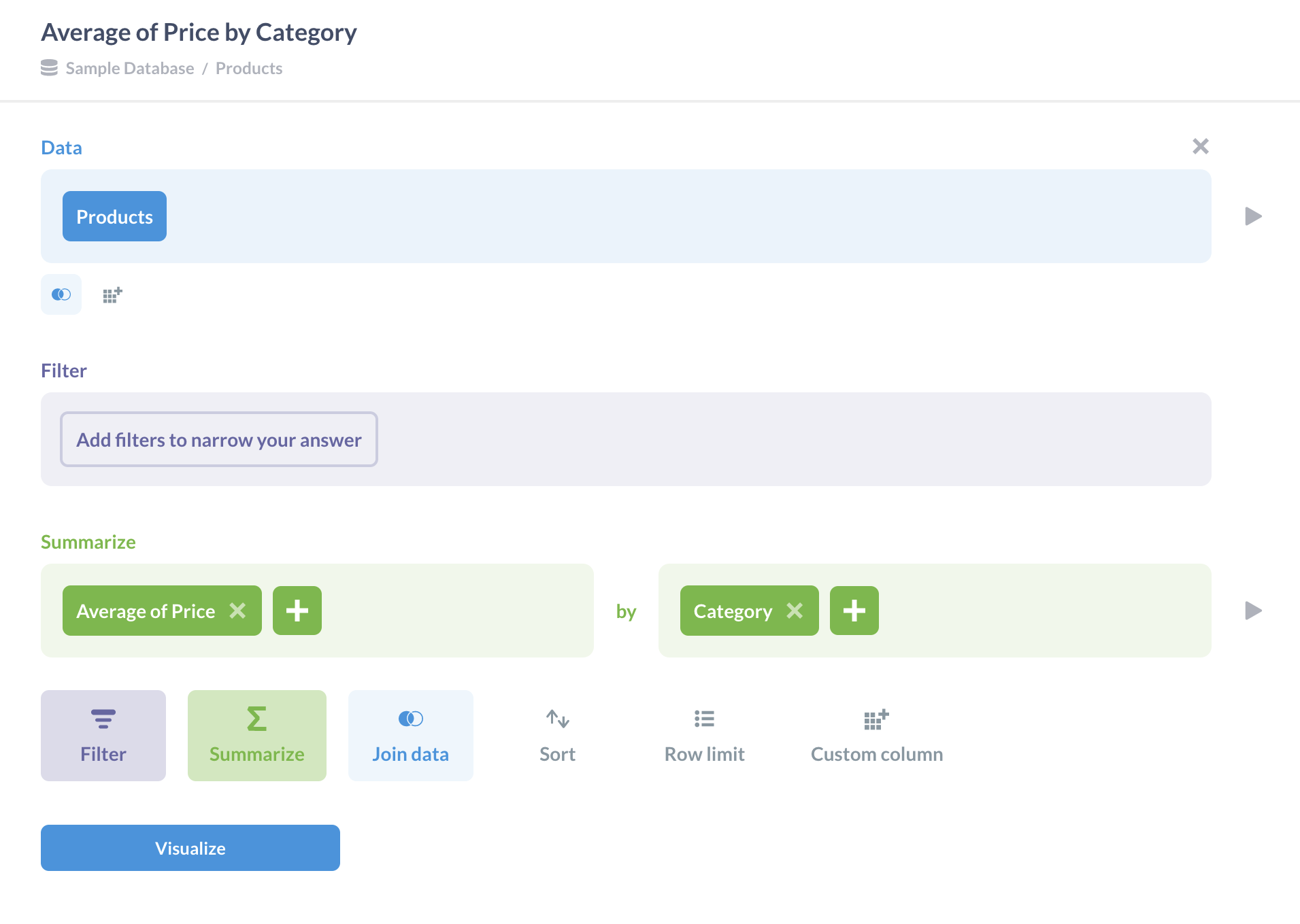 Fig. 1. Performing an aggregation in the query builder: average price of products grouped by product category.