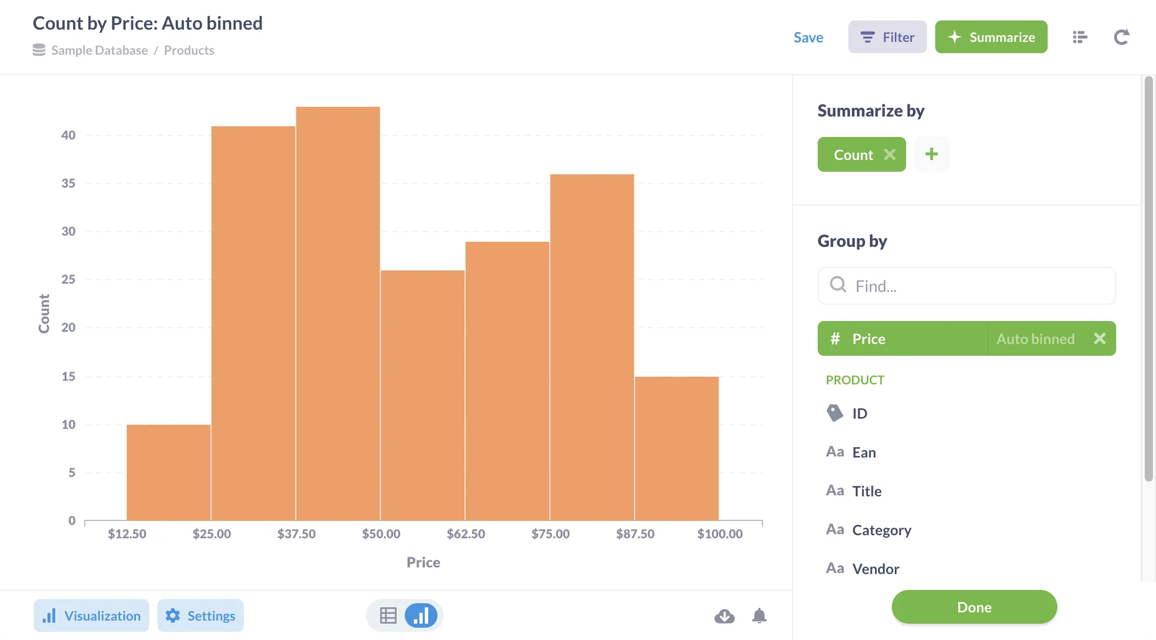 Fig. 1. The prices of products in our Sample Database, shown as a histogram. Metabase automatically generates bins based on how the data is distributed.