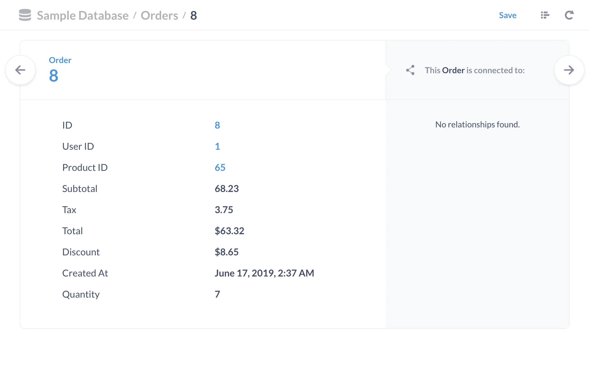 Fig. 2. Viewing the individual record for the order with an ID of 8.