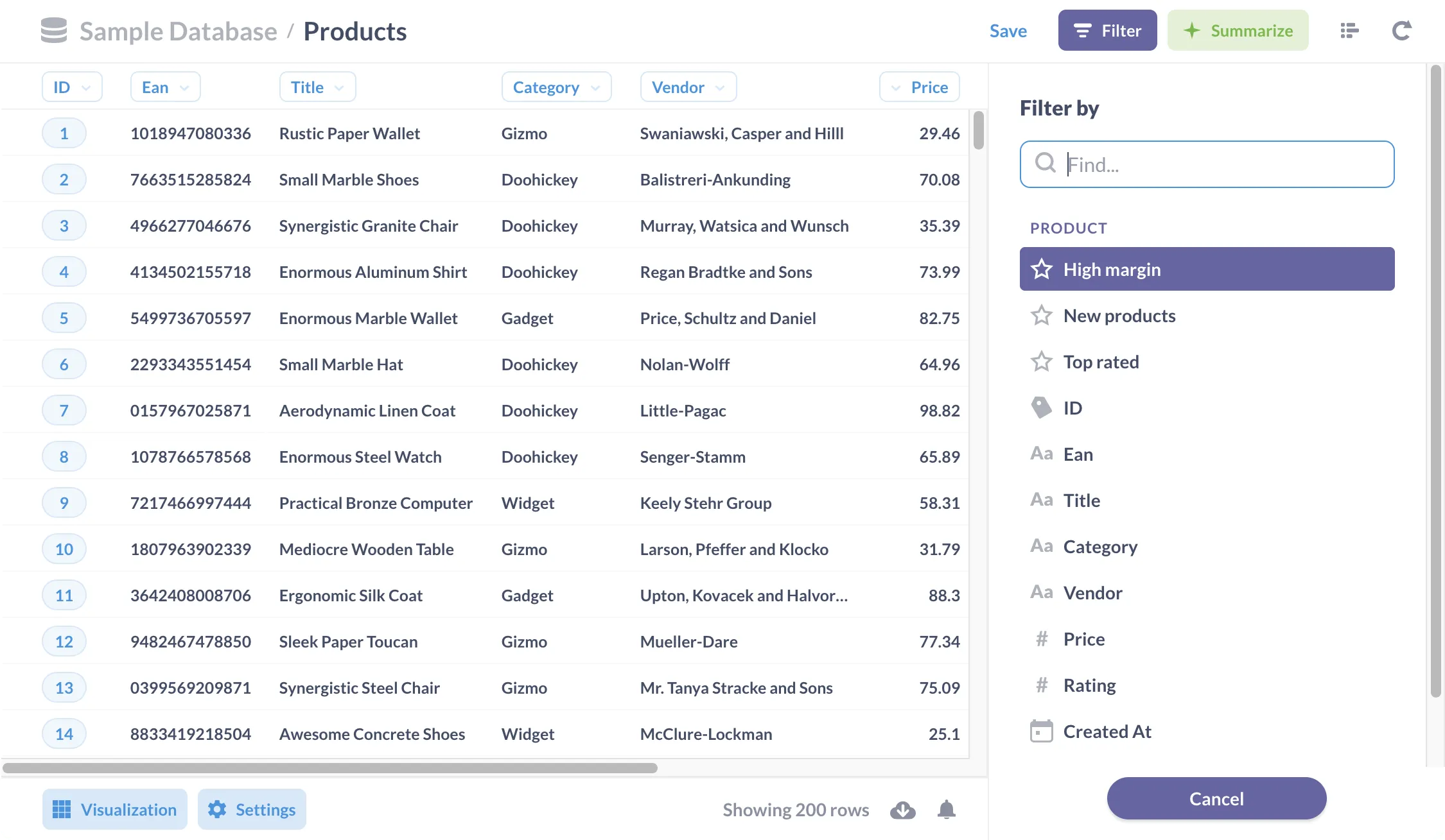 Fig. 1. Three segments that we've added to the Products table: high margin, new products, and top rated products.