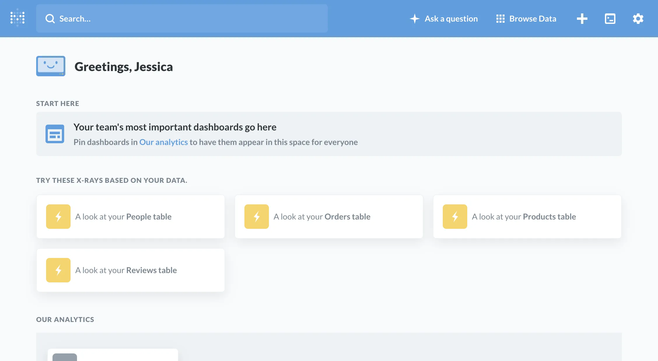 Fig. 1. The clean, classic home page for Metabase without any white label changes.