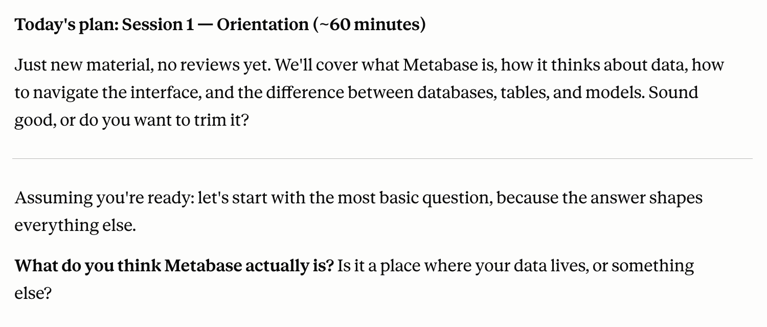 Example of Claude teaching Metabase