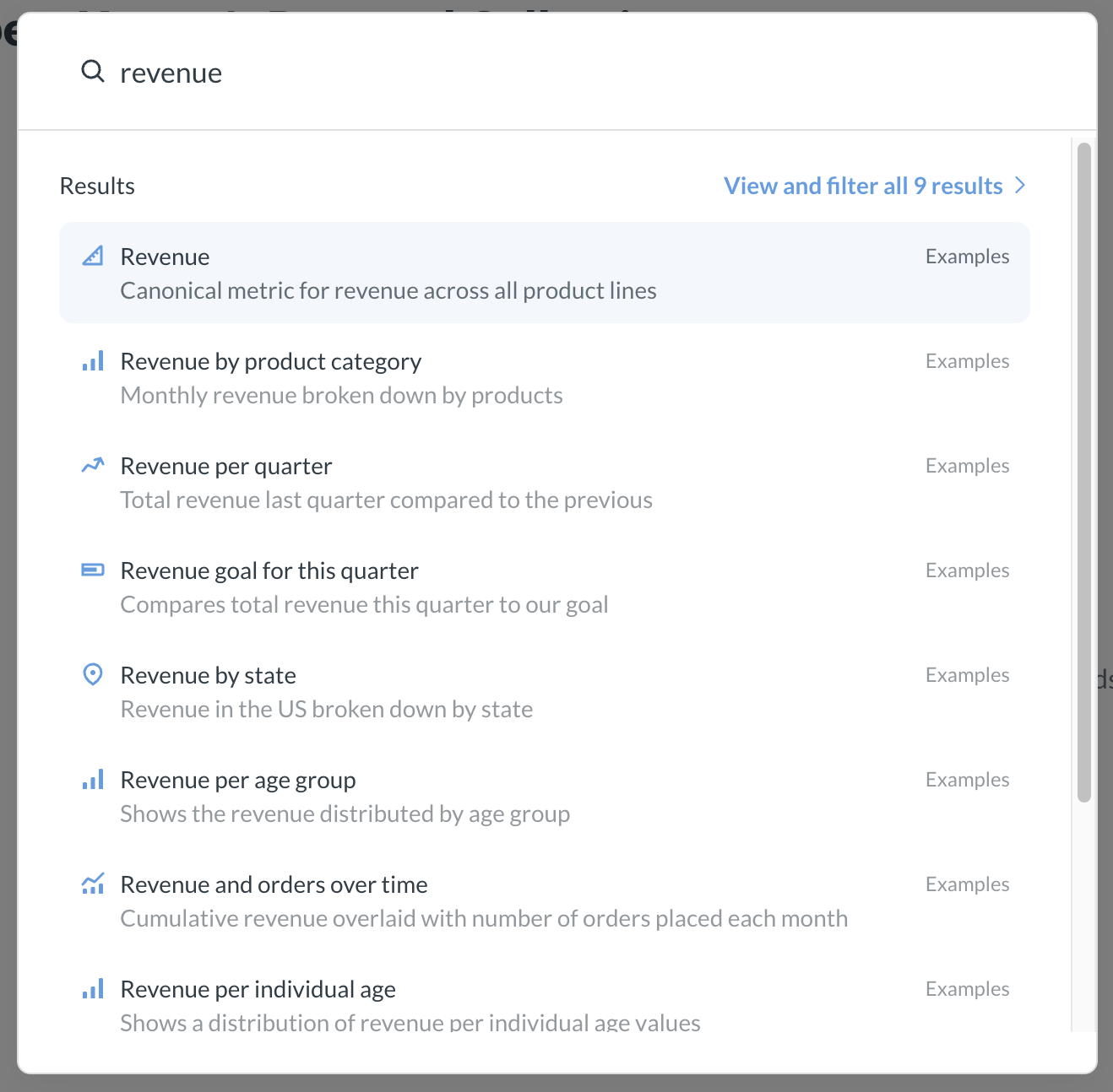 Searching by revenue shows the existing questions and dashboards about revenue