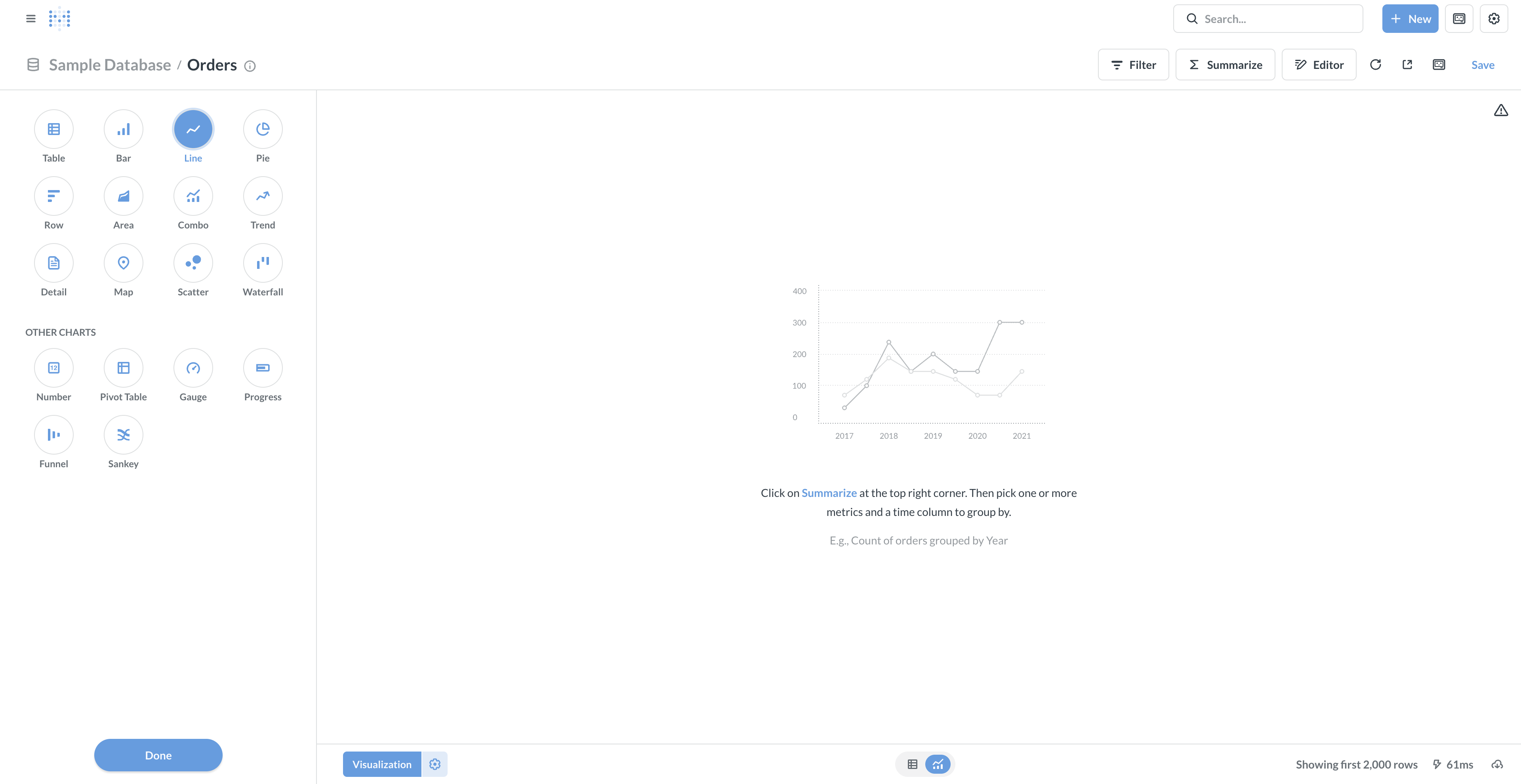 An empty line chart, before setting the x and y axes.