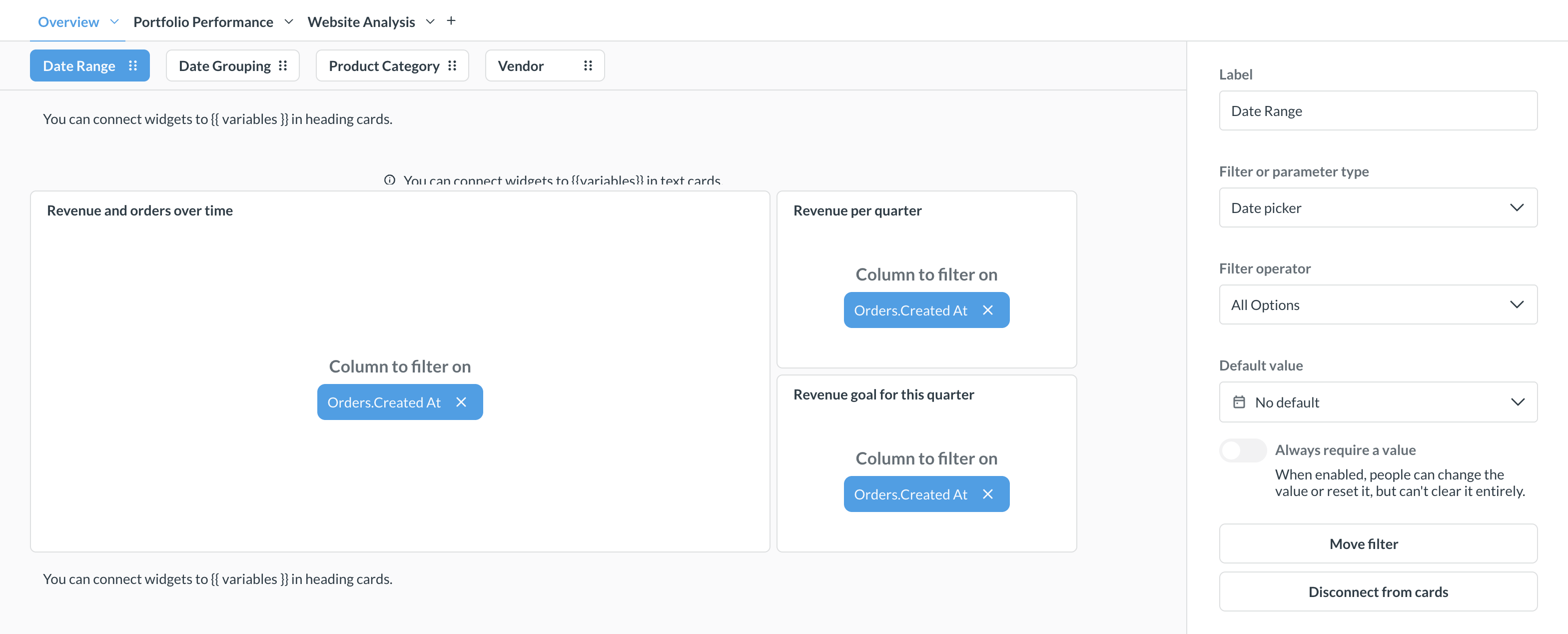 Connect a filter to multiple cards on a dashboard by specifying the field to filter.